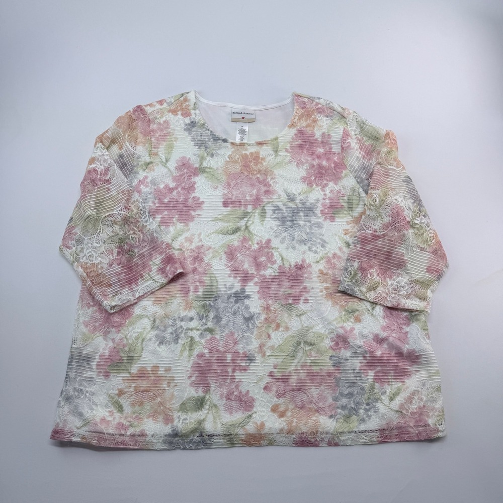 Alfred Dunner Woman Pink Floral Lace 3/4 Sleeve Blouse Top 2X